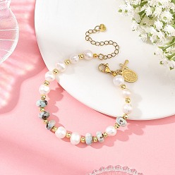 Oro Pulseras de cuentas de larimar natural en forma de rondel y perlas cultivadas de agua dulce naturales de patata., con 304 dijes de cruz religiosa virgen de acero inoxidable, dorado, 7.56 pulgada (19.2 cm)