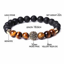 Смешанные камни Браслеты из круглых бусин с натуральным тигровым глазом, лавовым камнем и кубическим цирконием для мужчин и женщин. Браслеты из круглых бусин с круглыми бусинами для мужчин и женщин., с синтетическим немагнитным гематитом, 7-3/8 дюйм (18.6 см)
