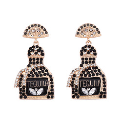 Черный Серьги-гвоздики с подвесками из цинкового сплава со стразами, Флакон духов, с эмалью, золотые, чёрные, 51x26 мм