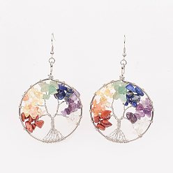 Смешанные камни Латунные драгоценный камень болтаться серьги, 304 нержавеющей стали серьги крюков, плоские круглые с дерева жизни, 85 мм , штифт: 0.6 мм