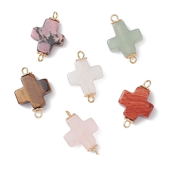 Смешанные камни 6 шт. 6 стили подвески-коннекторы из натурального зеленого авантюрина, красной яшмы, розового кварца, родонита, кварцевого кристалла и тигрового глаза, поперечные связи с 304 двойными петлями из нержавеющей стали, золотые, 20.5x12.5~13.5x4.5~5.5 мм, отверстие : 1.8 мм, 1 шт / стиль