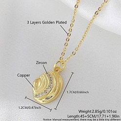 Shell Shape Ожерелья с подвесками Ocean Summer из латуни с прозрачными кубическими цирконами и паве, золотые, формы раковины, 17.72 дюйм (45 см), Кулон : 17x12 мм