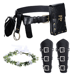 Black PU Leather Wrist Guard, Medieval Viking Renaissance Clothing Accessories, Rectangle PU Leather Medieval Belt Ba, Plastic Leaf Flower Wreath Headband, Black, 170x105x47.5mm
