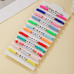 (52) Непрозрачная лаванда 12 Набор эластичных браслетов из сплава, полимерной глины и смолы для друзей, плоский круглый с узором в виде буквы BFF, разноцветные, 6.69 дюйм (17 см)