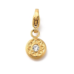 Кристалл 304 подвески из нержавеющей стали украшения, с горным хрусталем и омарами когтя застежками, ионное покрытие (ip), плоско-круглые, реальный 14 k позолоченный, кристалл, 12.5x9x2.5 мм