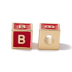 Letter B Стойки покрытие латунь эмаль бисер, без кадмия, без никеля и без свинца, реальный 18 k позолоченный, куб с письмом, красные, letter.b, 6x6x6 мм, отверстие : 2.5 мм