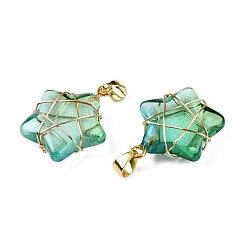 Бледно-Зеленый Подвески lampwork, подвеска-звезда в виде медной проволоки, золотые, бледно-зеленый, 22.5x19.5x8 мм, отверстие : 2.5~4x6 мм