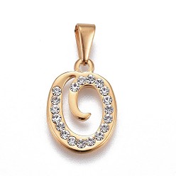 Letter O 304 Stainless Steel Pendants, with Rhinestone, Letter, Letter.O, 21x15x2.5mm, Hole: 3~3.5x7.5~8mm