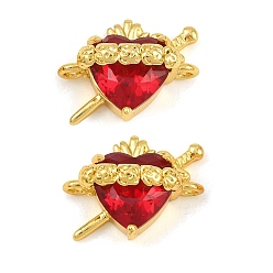 Red Brass & Faceted Glass Connector Charms, Sacred Heart with Roses & Sword Links, Long-Lasting Plated, Rack Plating, Cadmium Free & Lead Free, Golden, Red, 14.5x17x9mm, Hole: 2mm