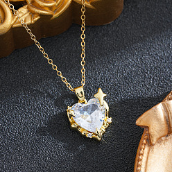 Real 18K Gold Plated Brass Pave Clear Cubic Zirconia Heart Pendant 201 Stainless Steel Cable Chain Necklaces for Women, Ion Plating(IP), Real 18K Gold Plated, 15.75 inch(40cm)