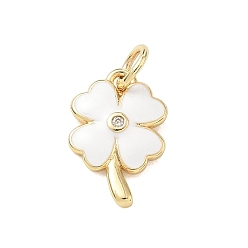 White Brass Micro Pave Clear Cubic Zirconia Charms, with Enamel, Clover Charms, Rack Plating, Long-Lasting Plated, Cadmium Free & Lead Free, Real 18K Gold Plated, White, 15x10x2.5mm, Hole: 2.5mm