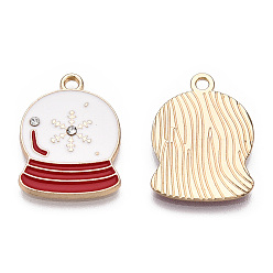 White Christmas Theme, Alloy Enamel Pendants, with Rhinestones, Light Gold, Crystal Ball, White, 22.5x16.5x2mm, Hole: 1.8~2mm