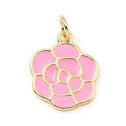 Бледно-Розовый Латунь эмаль подвески, с прыжковых колец, без кадмия и без свинца, цветок, реальный 18 k позолоченный, розовый жемчуг, 18.5 мм, отверстие : 3.5 мм