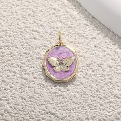 Сливовый Латунь эмаль подвески, плоский круглый с подвеской в виде бабочки, золотые, слива, 21x12 мм