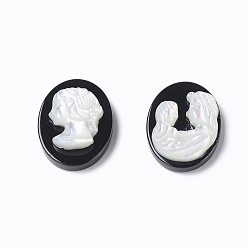 (946F)Морозный цвет внутри  Жонкиль / Непрозрачная зеленая подкладка Натуральный черный агат камео кабошоны, с оболочкой, овал с женским портретом, белые, 16x12x4 мм