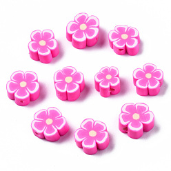 Fuchsia Handmade Polymer Clay Beads, Flower, Fuchsia, 7~10x7~11x3~5mm, Hole: 1.6mm