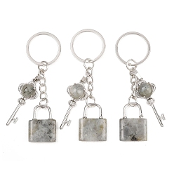 Лабрадорита Брелки с подвеской из натурального лабрадорита, Замок и ключ, с разъемным кольцом для ключей из латуни и железа, стойки покрытие, долговечный, платина, 80 мм
