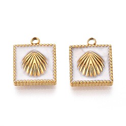 (404) Непрозрачное AB Кислое яблоко 304 прелести нержавеющей стали, с эмалью, квадрат с подвеской в виде ракушки, реальный 18 k позолоченный, ионное покрытие (ip), цветочный белый, 13x10.5x3.5 мм, отверстие : 1.5 мм