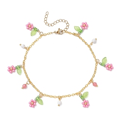 Ярко-Розовый Браслеты на ногу из латунной цепочки с кисточками из натурального гаулита и стеклянных бусин круглой огранки с цветком для женщин, золотые, ярко-розовый, 9-1/8~9-1/2 дюйм (230~240 мм)