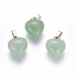 Зеленый Авантюрин Естественный зеленый авантюрин подвески, с латунной фурнитурой платинового цвета, сердце, 18x15x10 мм, отверстие : 5x7 мм