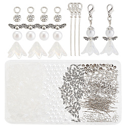 Античное Серебро Набор для самостоятельного изготовления брелока-феи, в том числе застежки-клешни из цинкового сплава, крылья из сплава в тибетском стиле и акриловые бусины с имитацией жемчуга, античное серебро, 420 шт / коробка