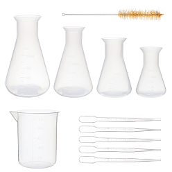 Clear Plastic Beaker Sets, with Tube Bottle Wash Cleaning Brush and Disposable Plastic Dropper, Plastic Measuring Cup, Clear, Beaker: 50ml/100ml/250ml/500ml, 4pcs/set