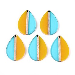 (932FM) Темно-синий аква-матовый с подкладкой Подвески из прозрачной смолы и дерева, слеза, два тона, темно-золотистые, 36~36.5x24.5x3.5 мм, отверстие : 2 мм