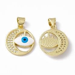Real 18K Gold Plated Rack Plating Brass Micro Pave Clear Cubic Zirconia Charms, with Enamel, Long-Lasting Plated, Cadmium Free & Lead Free, Flat Round with Evil Eye, Real 18K Gold Plated, 18x15x3mm, Hole: 4x3mm