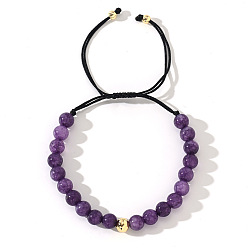Аметист Натуральные аметистовые круглые бусины плетеные браслеты из бисера, регулируемые мужские браслеты из нейлонового шнура, внутренний диаметр: 11 дюйм (28 см)