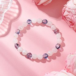 White Moonstone Эластичные браслеты из натурального белого лунного камня с гальваническим покрытием для женщин, круглые, с прозрачными стеклянными шариками, внутренний диаметр: 2-1/8 дюйм (5.3 см)