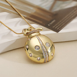 Прозрачный Подвеска в виде божьей коровки из латуни с инкрустацией циркониями для женщин., реальный 18 k позолоченный, прозрачные, 17.72 дюйм (45 см), Кулон : 37x26 мм