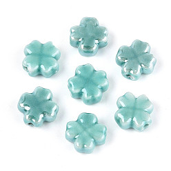 Средний Бирюзовый Фарфоровые бусины ручной работы, Четыре листа клевера, яркие глазированный фарфор, средне бирюзовый, 11.5~12x11.5~12x5.5~6 мм, отверстие : 1.8~2 мм