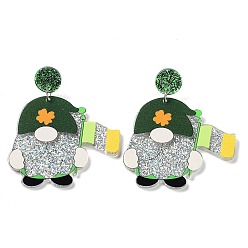 Orange Saint Patrick's Day Sparkling Acrylic Dangle Stud Earrings, Gnome, Orange, 59x49mm