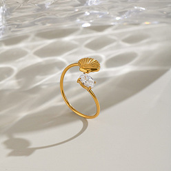 Shell Shape 304 Anillos abiertos tipo brazalete de acero inoxidable con circonitas cúbicas para mujer, real 18 k chapado en oro, shell forma, tamaño de EE. UU. 8 1/2 (18.5 mm)