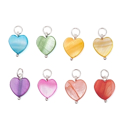 Нержавеющая Сталь Цвет Подвески в виде сердечек из окрашенных натуральных пресноводных ракушек, с 304 фурнитурой из нержавеющей стали, разноцветные, цвет нержавеющей стали, 13.5~14.5x10~11.5x2.5~3 мм, Перейти кольцо: 5x0.8 мм, внутренний диаметр: 3.5 мм