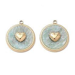 Amazonite Natural Amazonite Pendants, 304 Stainless Steel Flat Round with Heart Bezeled Charms, Ion Plating(IP), Real 14K Gold Plated, 19x16.5x4mm, Hole: 1.5mm