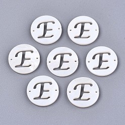 Letter E Natural Freshwater Shell Links Connectors, Flat Round with Letter, Letter.E, 14.5x1.5mm, Hole: 0.9mm