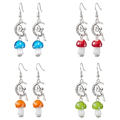 Mixed Color 4 Pairs Mushroom Alloy and Lampwork Dangle Earring, with Brass Earring Findings, Mixed Color, 57x13mm