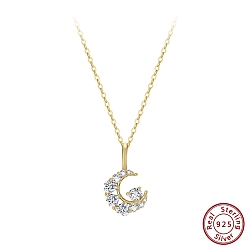 Real 14K Gold Plated 925 Sterling Silver Pave 5A Clear Cubic Zirconia Pendants, Moon Charms, Without Necklace, Real 14K Gold Plated, 17mm