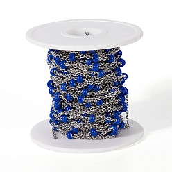 Blue 304 Stainless Steel Handmade Beaded Chains, with Glass, with Spool, Stainless Steel Color, Blue, 7~7.5x4~5mm, about 32.8 Feet(10m)/roll