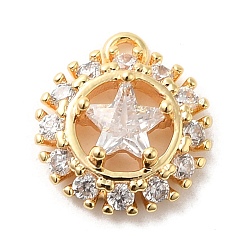 Golden Brass Micro Pave Clear Cubic Zirconia Pendants, Flat Round with Star, Golden, 10x9x3.5mm, Hole: 0.8mm