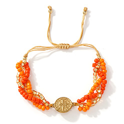 Оранжевый Регулируемые браслеты из латуни, Браслеты из бисера и стеклянных бусин для женщин, плоские круглые с крестом, оранжевые, 11.02 дюйм (28 см)