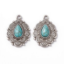 Античное Серебро Синтетические бирюзовые подвески, слезинки, с реечным покрытием из сплава овальные выводы, античное серебро, 34x24x6 мм, отверстие : 3 мм