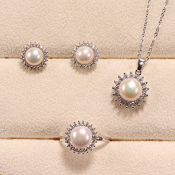 Настоящее золото 14K Ожерелье с подвеской из цветочной латуни с микропаве из прозрачных кубических цирконий и натуральным пресноводным жемчугом, серьги-гвоздики и кольцо на палец, с 925 стерлинговым серебром, реальный 14 k позолоченный, 400 мм