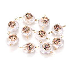 Разноцветный Соединители звеньев натурального жемчуга, с кубического циркония и латуни выводов, плоско-круглые, золотые, красочный, 22~25x13~15x7~10 мм, отверстие : 1.6 мм