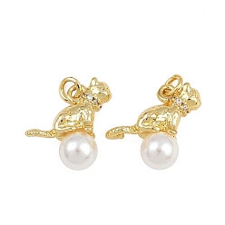 Настоящее золото 18K Латунные микро проложить кубического циркония подвески, подвески в форме кошки, с искусственным жемчугом из АБС-пластика и прыгающим кольцом, стойки покрытие, долговечный, без свинца и без кадмия, реальный 18 k позолоченный, 14.5x11.5x6 мм, отверстие : 2.5 мм