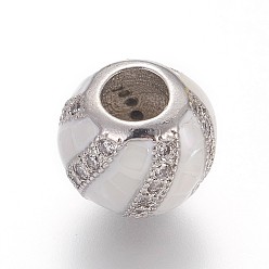 (404) Непрозрачное AB Кислое яблоко Латунные микро проложить Цирконий Европейский бисером, бусины с большим отверстием, с эмалью и пресноводной оболочкой, круглые, платина, цветочный белый, 10x8 мм, отверстие : 4 мм