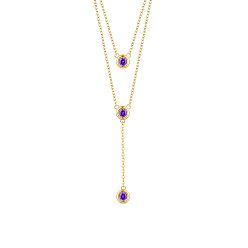 Golden 925 Sterling Silver Two-Tiered Necklaces, with Three Round Purple AAA Cubic Zirconia Pendant, Golden, 14.96 inch~16.54 inch(38~42cm)