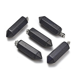 Blue Goldstone Synthetic Blue Goldstone Pendants, Hexagon Charms, with 304 Stainless Steel Snap on Bails, Stainless Steel Color, 49~51x13~14x15~16mm, Hole: 7.5x4mm