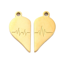 Золотой 304 стали сплит подвески из нержавеющей, слева и справа, прелести для пар, сердце с биением сердца, золотые, 22x11x2 мм, отверстие : 2 мм, 2 шт / комплект